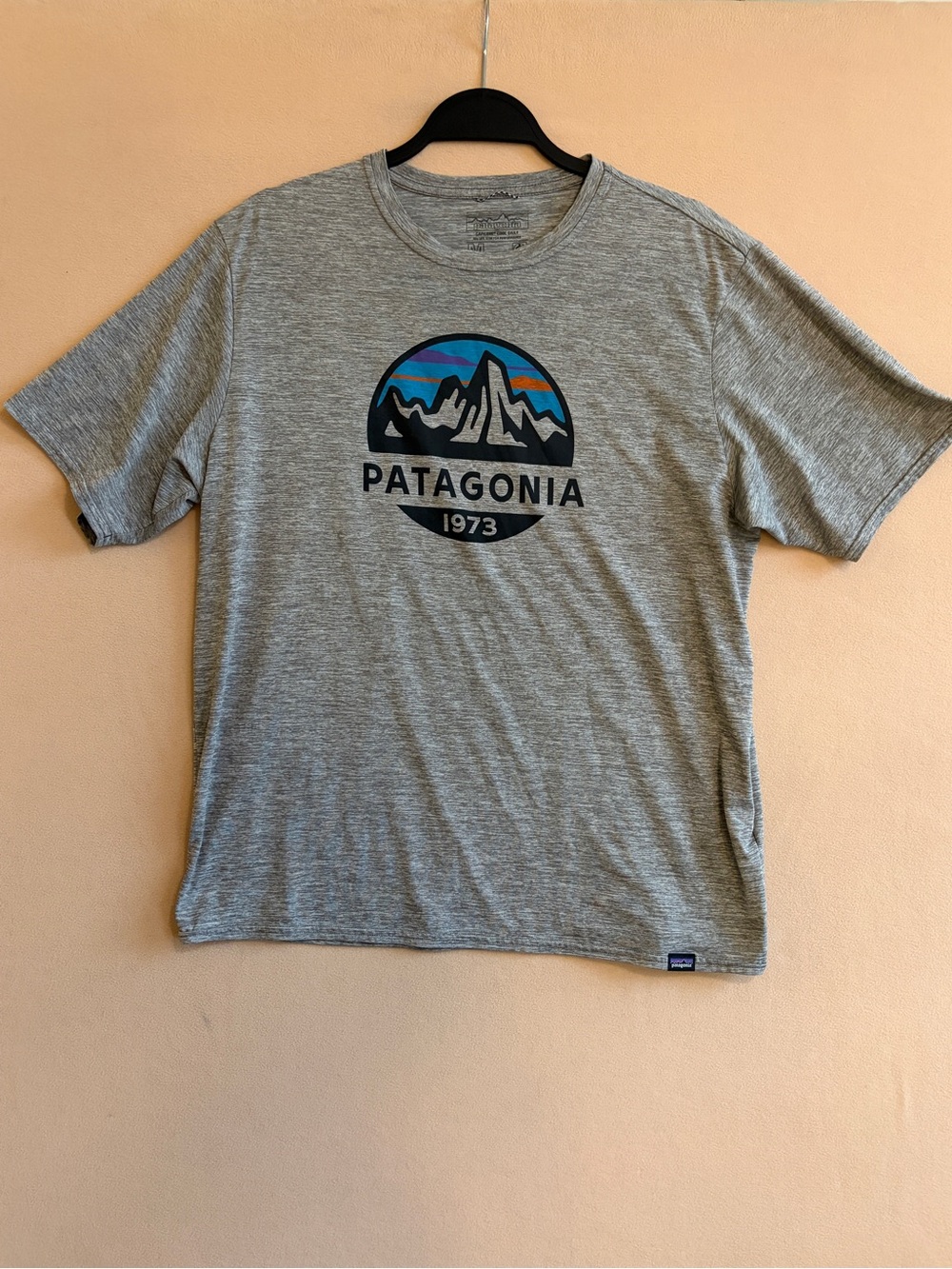 Patagonia Mens Large Capilene Cool Daily Shirt Gray 1973 Fitz Roy Mountain UPF M